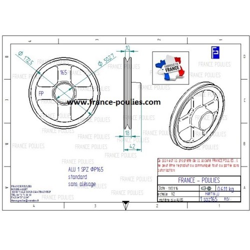 poulie alu  1 SPZ Øp 165