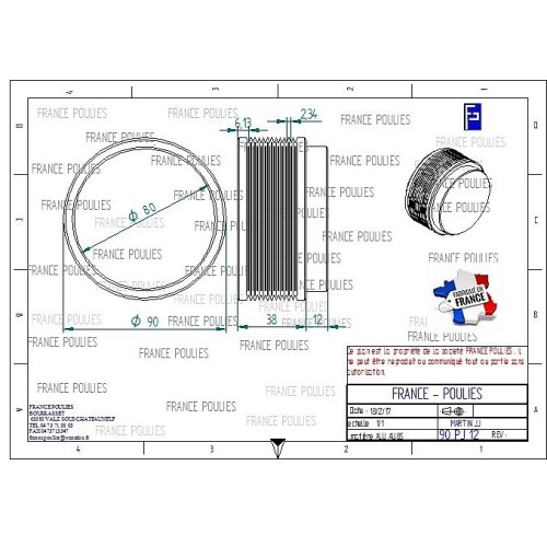 POULIE POLY-V ALU Øext 90 PJ 12 DENTS