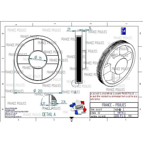 POULIE POLY-V ALU Øext 200 PJ 8 GORGES