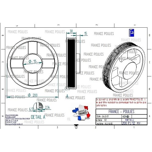 POULIE POLY-V ALU Øext 200 PJ 12 GORGES