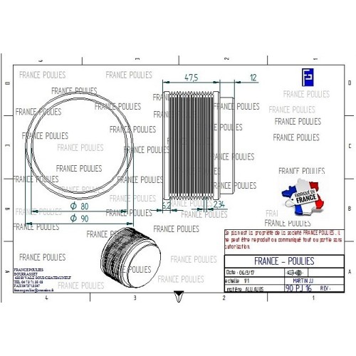 POULIE POLY-V ALU Øext 90 PJ 16 DENTS
